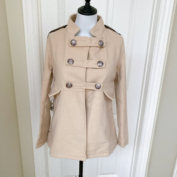New Lady Women Beige Soft Fleece Retro Military Style Short Jacket Coat - Picture 1 of 7